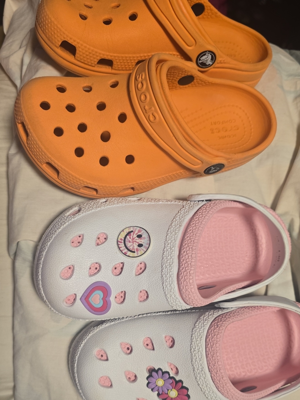 2 Pairs 1st CROCS Kids Classic Clog in Bright Orange 2nd Pair White And Pink